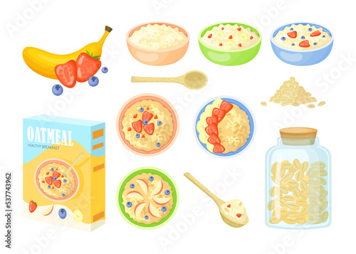 Box of cereal and bowls of oatmeal vector illustrations set. Boiled porridge with fruit and berries, oat grains in jar, wooden spoon isolated on white background. Healthy food or breakfast concept