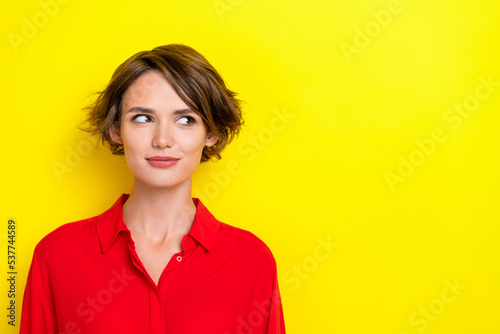 Portrait of satisfied gorgeous girlish woman with bob hairstyle wear red blouse look empty space isolated on yellow color background