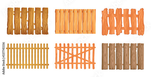 Brown wooden fences of various shape cartoon vector illustration set. Different types of farm barriers and border walls isolated on white background. Garden or house protection concept