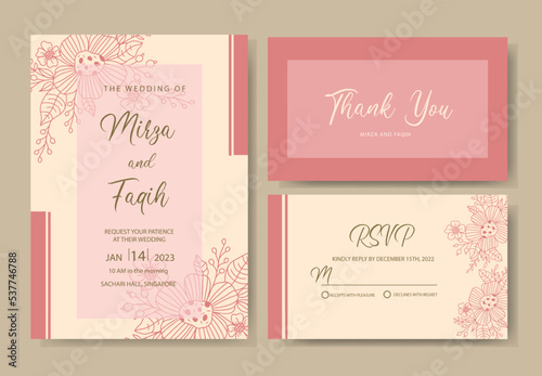 wedding invitation set with cute peach hand drawn flower