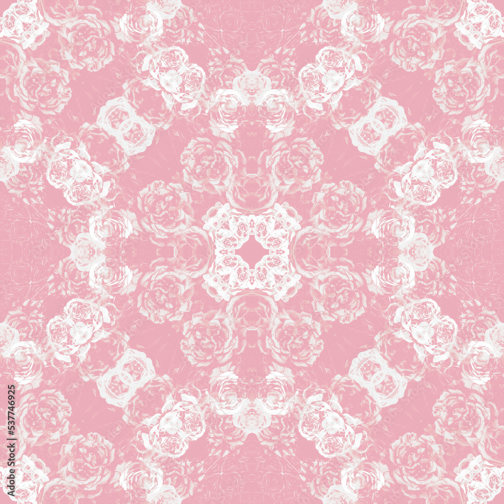 Botanical pink seamless abstract pattern with silhouettes of roses flowers for vibrant summer textile and surface design. Layered mix in pink color with symmetrical white roses Botanical pink seamless abstract pattern with silhouettes of roses flowers for vibrant summer textile and surface design. Layered mix in pink color with symmetrical white roses