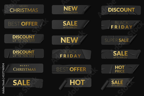 Set of black sale banners stickers, isolated 
