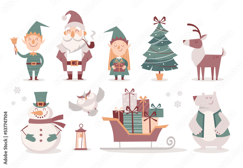 Set of cartoon isolated Christmas characters and decorative elements