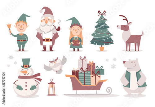 Set of cartoon isolated Christmas characters and decorative elements © olgagrig