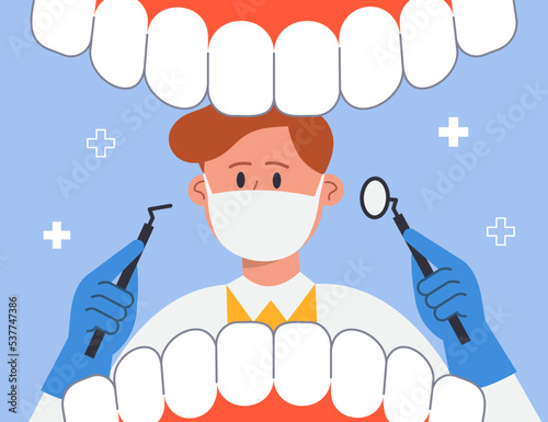 Dentist wearing mask and holding instruments examining white teeth. Dental patients open mouth inside view flat vector illustration. Oral hygiene, checkup, dentistry, teeth examination concept