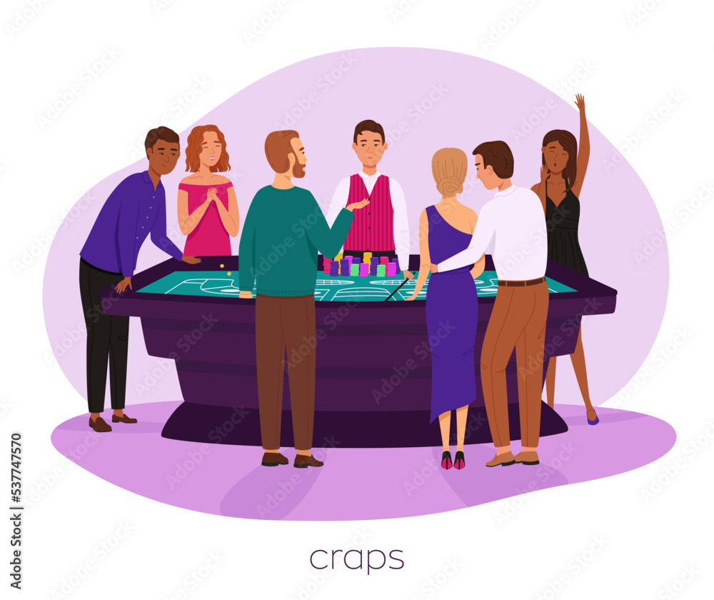 People play craps game. Casino, gaming house flat vector illustration. Multinational people. Cheerful men and happy woman in dress characters. Casino interior decor. Gambling industry. For design