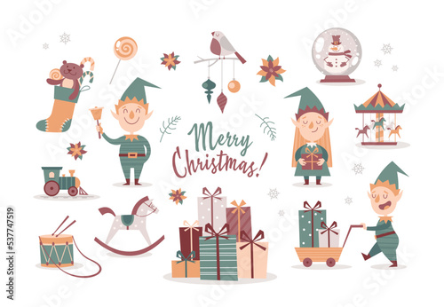 Set of cartoon isolated Christmas elves and decorative elements