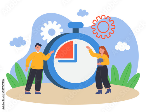 Worried male and female characters with timer in background. Woman holding clipboard looking at time clock flat vector illustration. Time management, deadline, competition, countdown concept