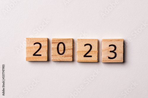 2023 text on wooden blocks with copy space concept background. Resolution, plan, review, goal, start, end year, and New Year holiday