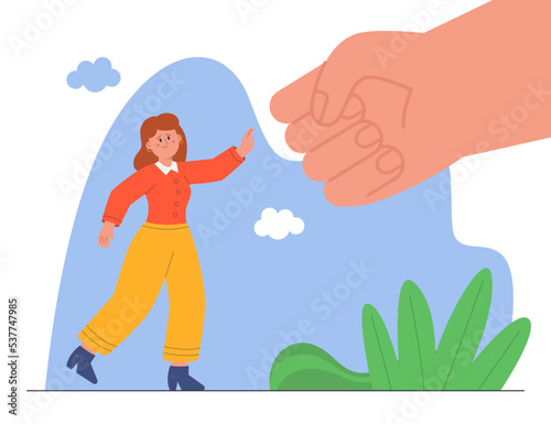 Fist of man threatening sad woman as symbol of domestic abuse. Victim of sexual harassment, gender discrimination flat vector illustration. Family, violence, social awareness concept for banner