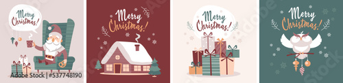 Set of Christmas and New Year cards with cute characters and decorative elements.