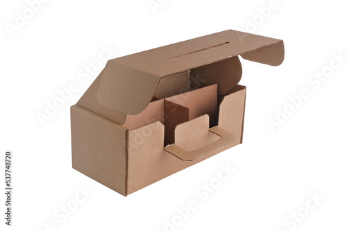 An open cardboard box on a white background. Eco-friendly packaging for the delivery of goods.