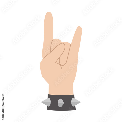 Heavy metal hand gesture. Rock and punk arm symbol with armlet with spikes. Vector flat illustration of rocker sign with bracelet with thorns