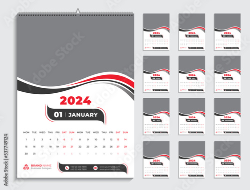 12 page wall calendar 2024, Creative shapes design, Company Calendar template 
