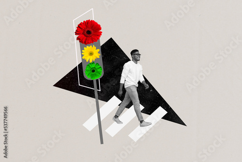Creative photo 3d collage artwork poster postcard of funny funky man pedestrian pass road black white gamma isolated on drawing background