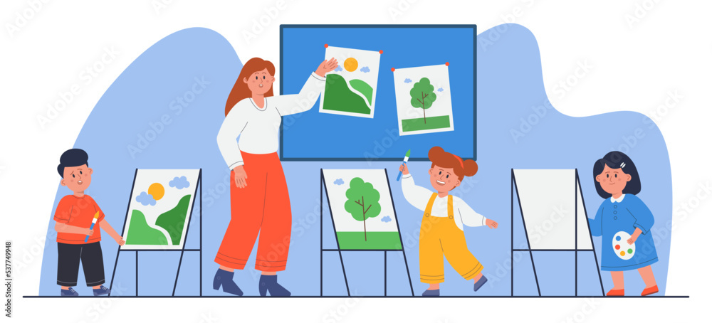 Art class with cartoon teacher and children. Kids drawing with brushes during lesson at art school or studio flat vector illustration. Education, art concept for banner, website design or landing page