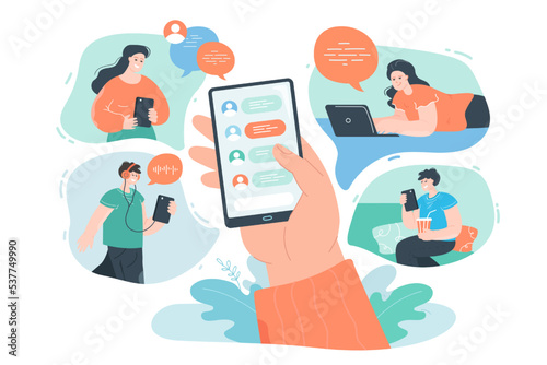 Hand holding mobile phone with contact lists on screen. Man sharing news, posts and music with friends through smartphone or social networks flat vector illustration. Online communication concept