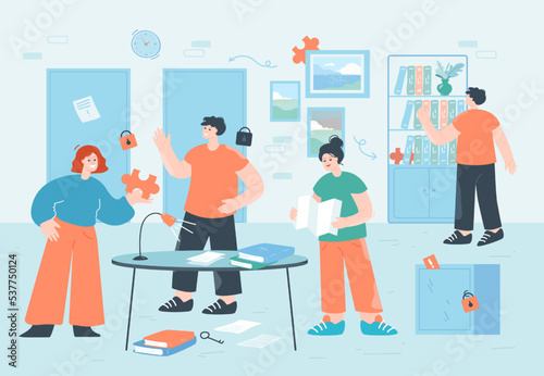 Young friends in quest escape room. Men and women playing together, looking for way out, clues and keys to lock flat vector illustration. Game, entertainment, adventurer concept