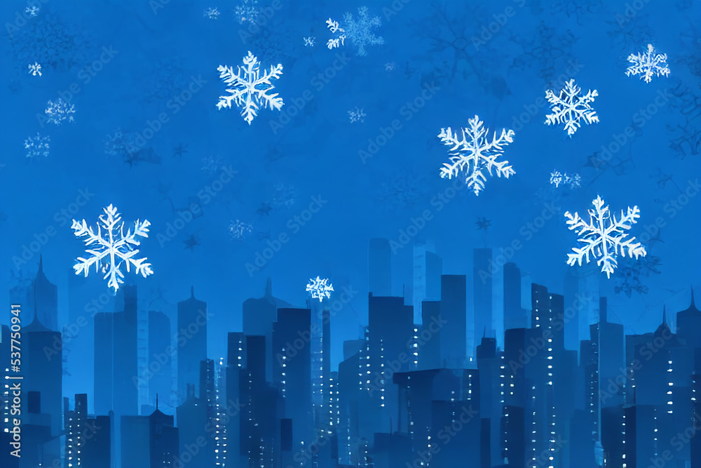 Blue skyscraper in winter with snow, Generative AI