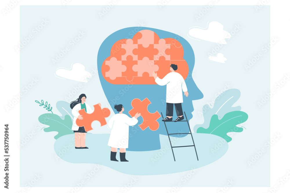 Work of doctors connecting puzzle in head of patient. Team of tiny people working together on psychological support and help for person flat vector illustration. Mental health, personality concept