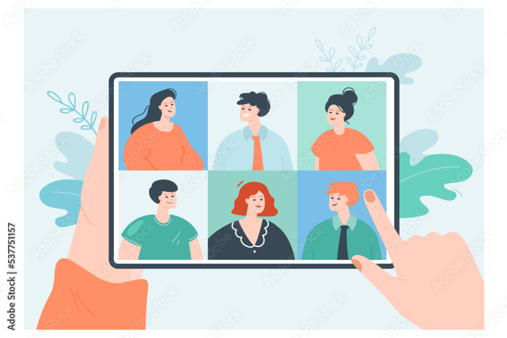 Hand using video call app for online conference with people. Virtual meeting, gathering of male and female characters on tablet screen flat vector illustration. Social media community, team concept Hand using video call app for online conference with people. Virtual meeting, gathering of male and female characters on tablet screen flat vector illustration. Social media community, team concept