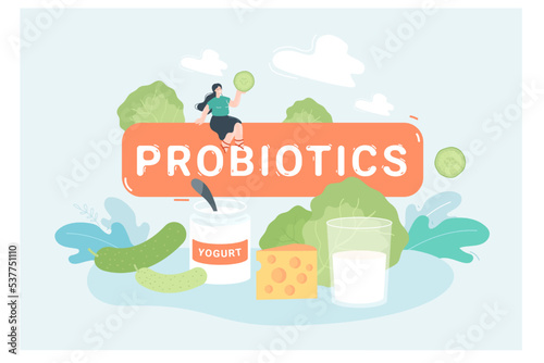 Probiotics food for tiny womans gut and digestive tract health. Person sitting on big probiotics sign with ingredients for good digestion flat vector illustration. Diet, healthy lifestyle concept