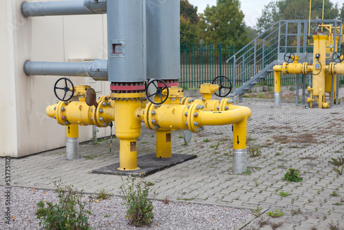 Gas industry, gas transport system. Gas pipeline. Gas pipes, stop valves and appliances for gas pumping station