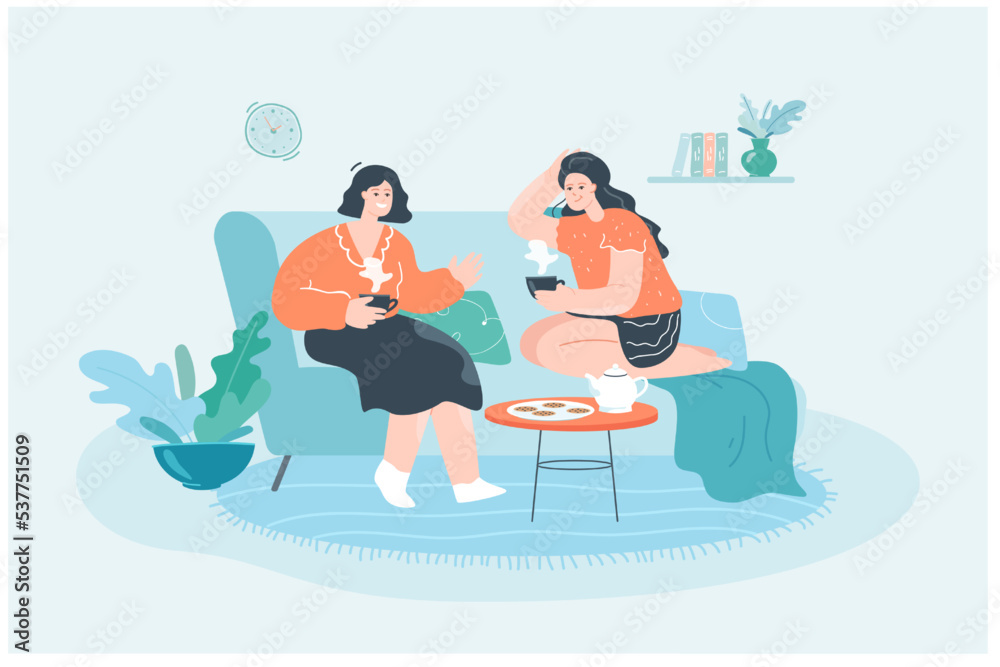 Girls sitting on sofa and drinking tea flat vector illustration. Happy female characters talking, having conversation at home, drinking coffee and eating cookies. Friendship, fun concept Girls sitting on sofa and drinking tea flat vector illustration. Happy female characters talking, having conversation at home, drinking coffee and eating cookies. Friendship, fun concept