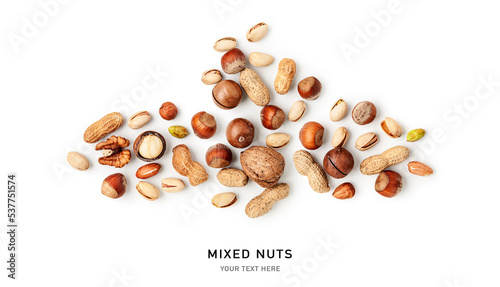 Mixed nuts on white background. Creative layout.