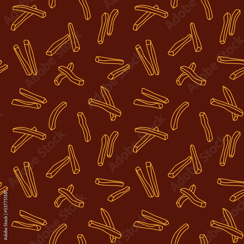 French fries in a golden outline. Fried crispy potato straws. Seamless vector pattern