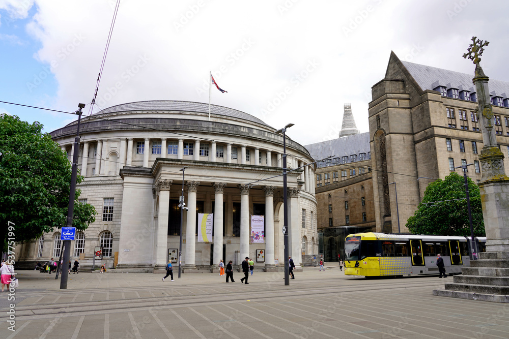 Saint Peter square with Manchester Central Library and Manchester Town Hall Extension in Manchester city center, England, UK