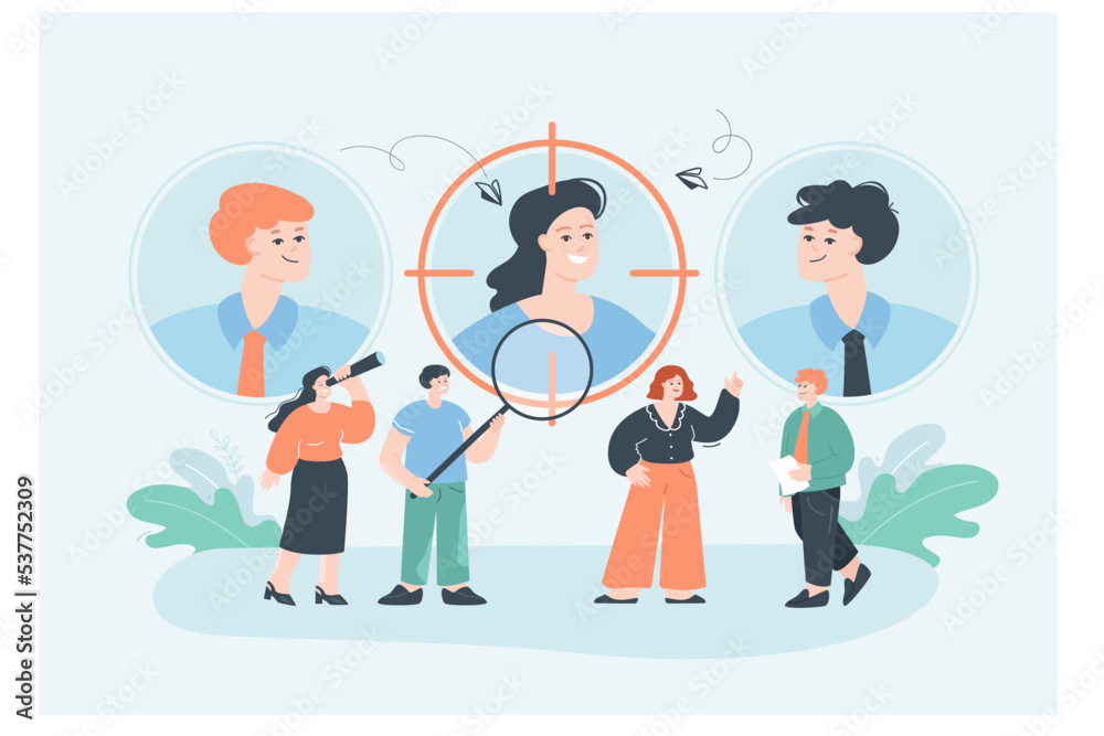 Focus on talent employee by professional HR managers. Team of tiny people with magnifying glass and telescope choosing recruit flat vector illustration. Job interview, agency, teamwork concept