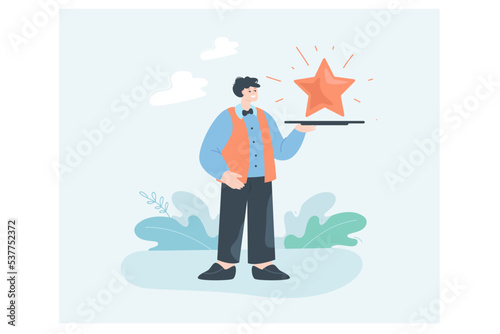 Funny waiter serving premium quality star on tray for customers. Man bringing best bonuses and special luxury offers flat vector illustration. Service quality guarantee, advertisement concept