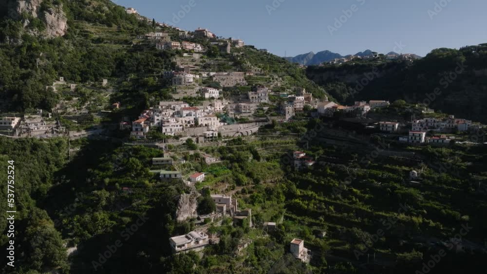 Cliffside Luxury Villas On Amalfi Coast During Summer In Campania, Italy. Aerial Shot