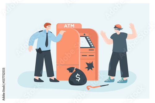 Danger of burglar attack on ATM machine. Male police officer protecting bankomat from crime of thief and illegal withdrawal of cash money flat vector illustration. Security, fraud, insurance concept