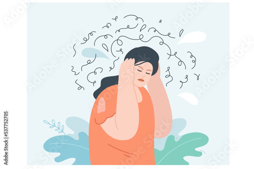Anxiety, stress of woman with chaos and confusion in head. Despair, panic, depression and headache of sick girl thinking about problems flat vector illustration. Psychological trauma, neurosis concept