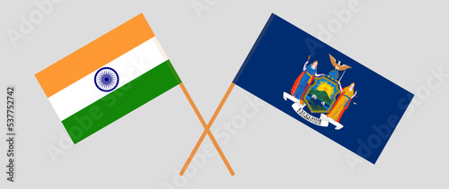 Crossed flags of India and The State of New York. Official colors. Correct proportion
