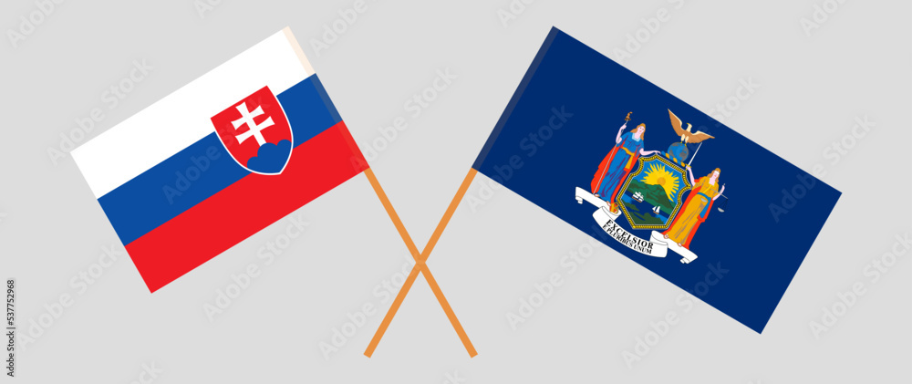 Crossed flags of Slovakia and The State of New York. Official colors. Correct proportion Crossed flags of Slovakia and The State of New York. Official colors. Correct proportion