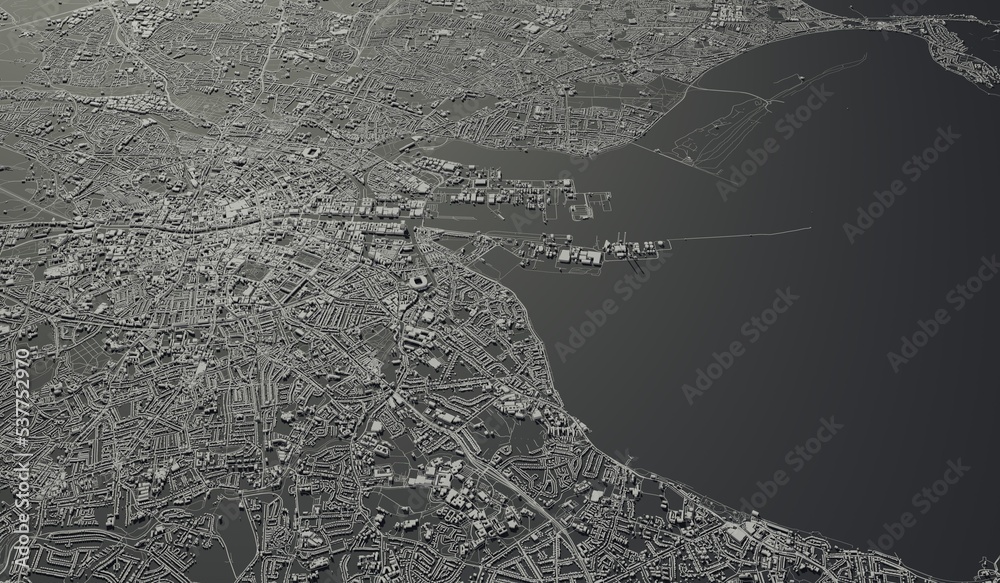 Dublin, Ireland city map aerial view. minimal design. 3D Rendering. 3D Illustration