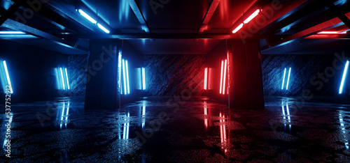 Underground Club Parking Basement Hangar Nuclear Shelter Neon Glowing Red Blue Flashing Lights Wet Concrete Grunge Metal Industrial 3D Rendering