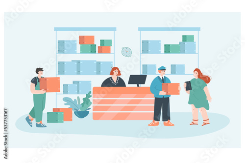 Customer receiving package box from courier in post office. Work of people in postal uniform delivering goods, gifts and orders from stores flat vector illustration. Express delivery service concept