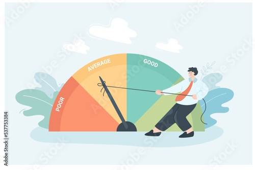 Businessman pushing speedometer scale to good values with effort. Tiny person making report better, improving credit history flat vector illustration. Credit score, leadership, business concept