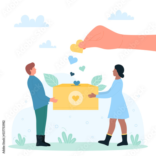 Fundraising for charity, financial help and assistance vector illustration. Cartoon hand of volunteer throwing heart into moneybox, tiny fundraisers holding box for donation of nonprofit fund