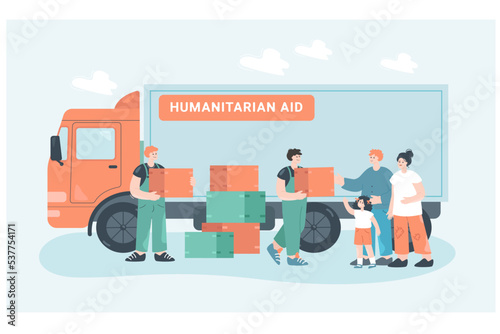 Volunteers giving boxes to poor people, distributing donation. Female and male characters standing near humanitarian aid truck flat vector illustration. Charity, poverty, governmental help concept