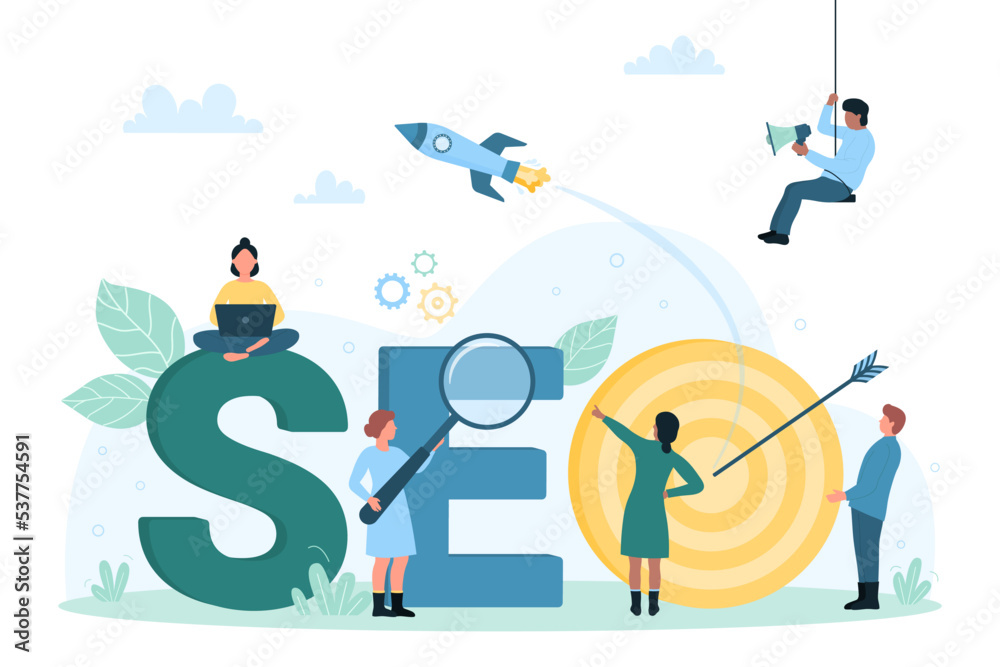 Search Engine Optimization and content development vector illustration. Cartoon tiny people looking through magnifying glass at SEO text, target with arrow in bullseye, project rocket launch into sky