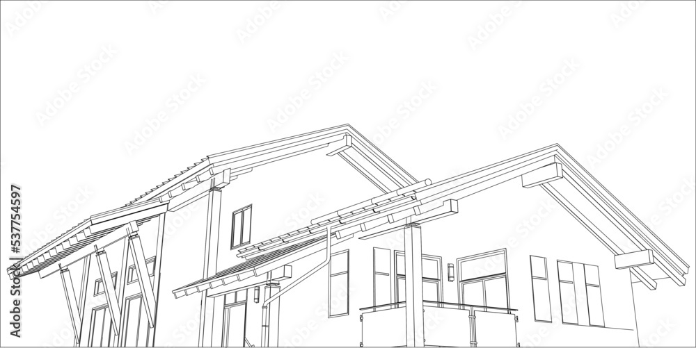 The contour of the house from black lines isolated on a white background. Big cottage. Vector illustration.