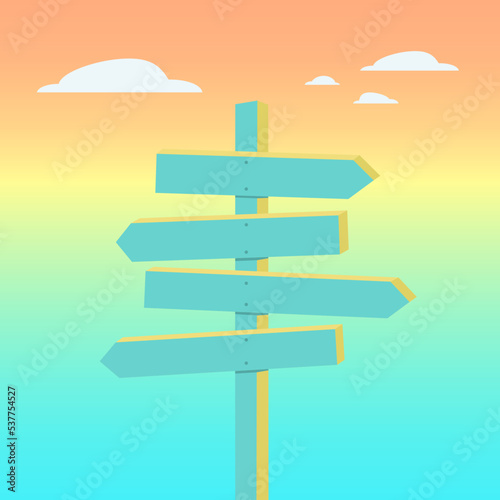 Direction signs on the  sunset cloudy sky. Vector design.