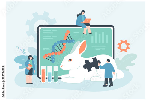 Genetic lab tests and research of animals by tiny scientists. People testing large genetically modified rabbit in laboratory experiment flat vector illustration. Science, biotechnology concept