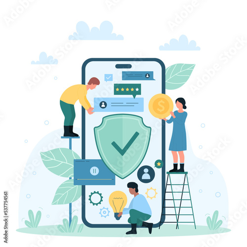 Mobile app safety, cybersecurity vector illustration. Cartoon tiny people protect data privacy and money transaction with safe shield, network elements on screen, antivirus firewall software for phone