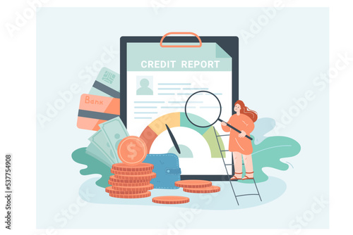 Credit history check by tiny user with magnifying glass. Woman using online application for personal information about finance flat vector illustration. Loan score, report, verification concept